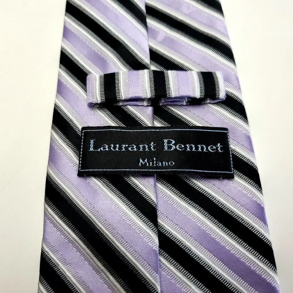 Laurant Bennet Milano‎ Purple Black Striped Woven Microfiber Polyester Tie